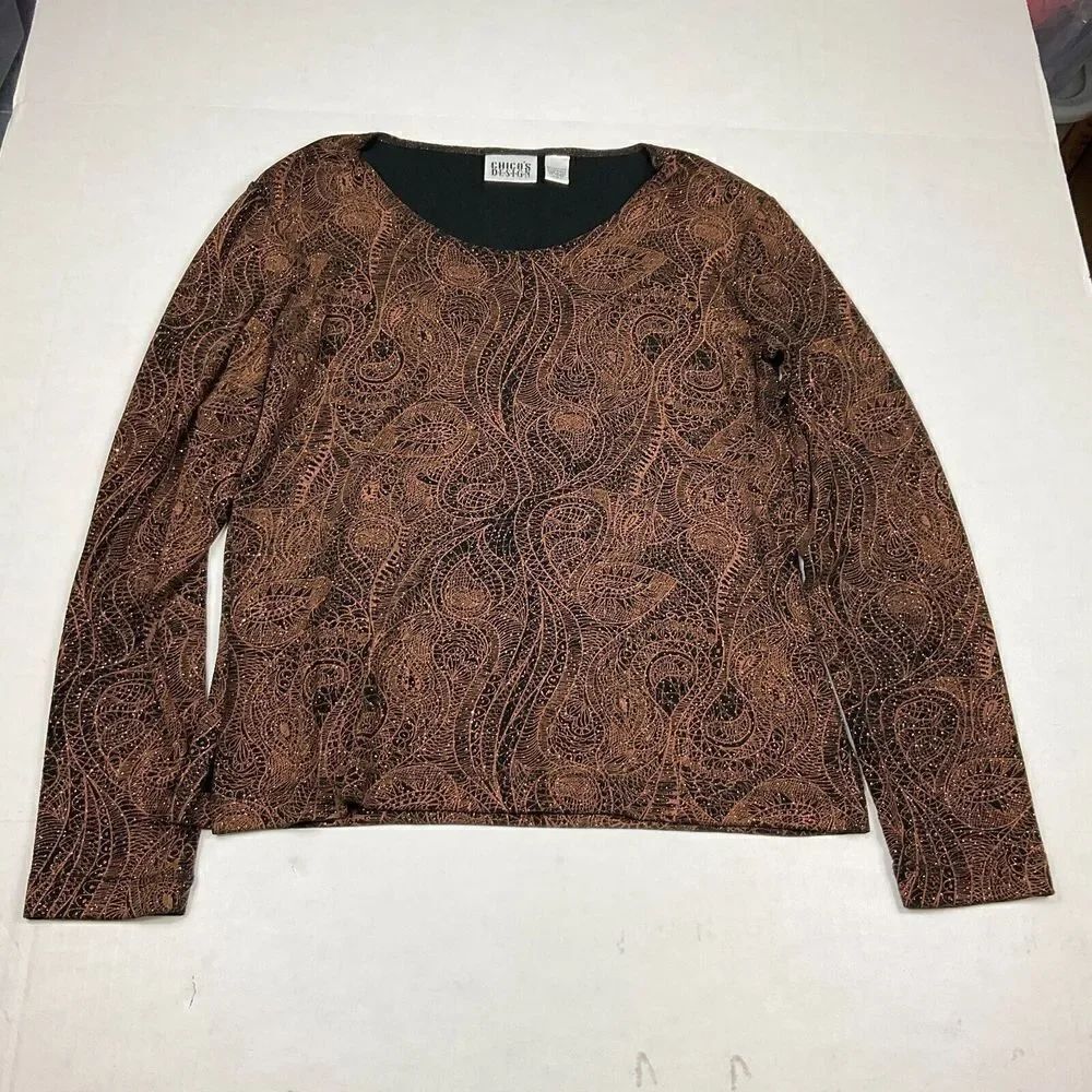 Chicos Design Evening Party Blouse Paisley Sequin Top Long Sleeve Shirt 1 MEDIUM